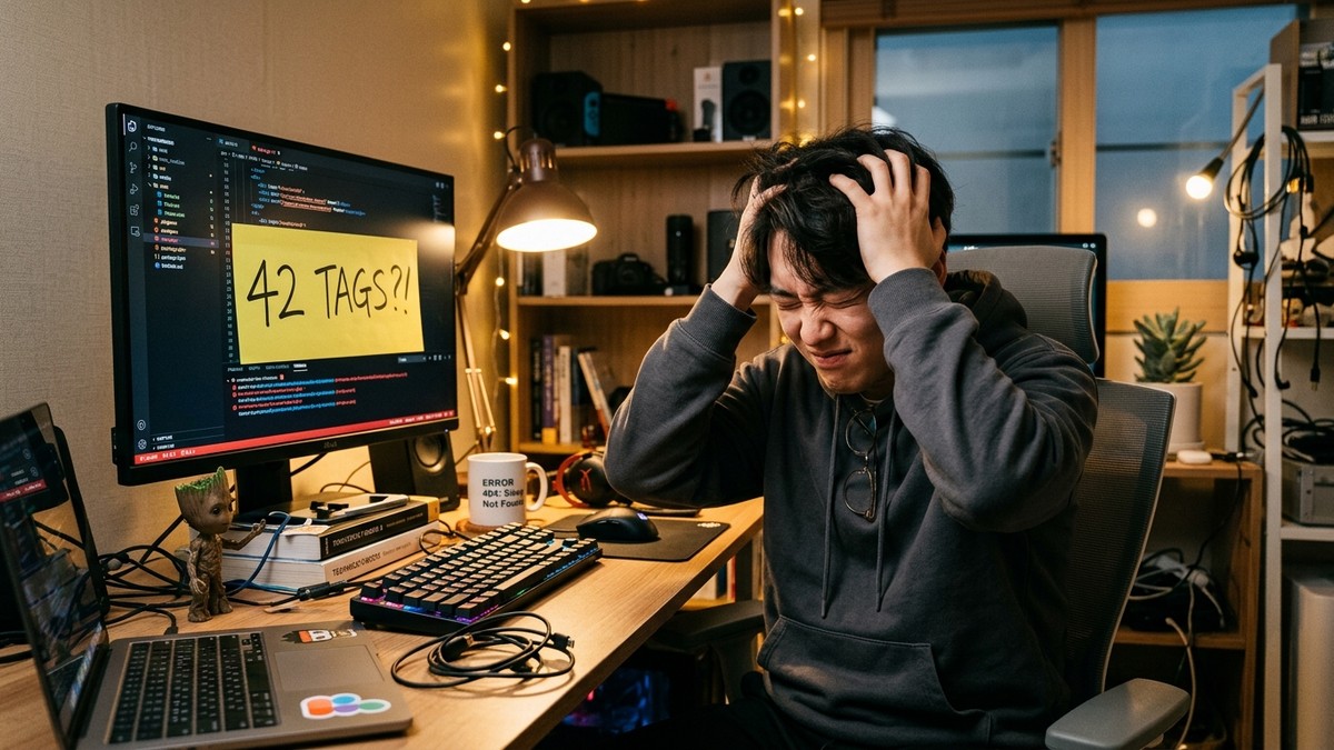 모니터의 '42 TAGS?!' 포스트잇을 보고 머리를 감싸 쥐며 절망하는 개발자의 모습