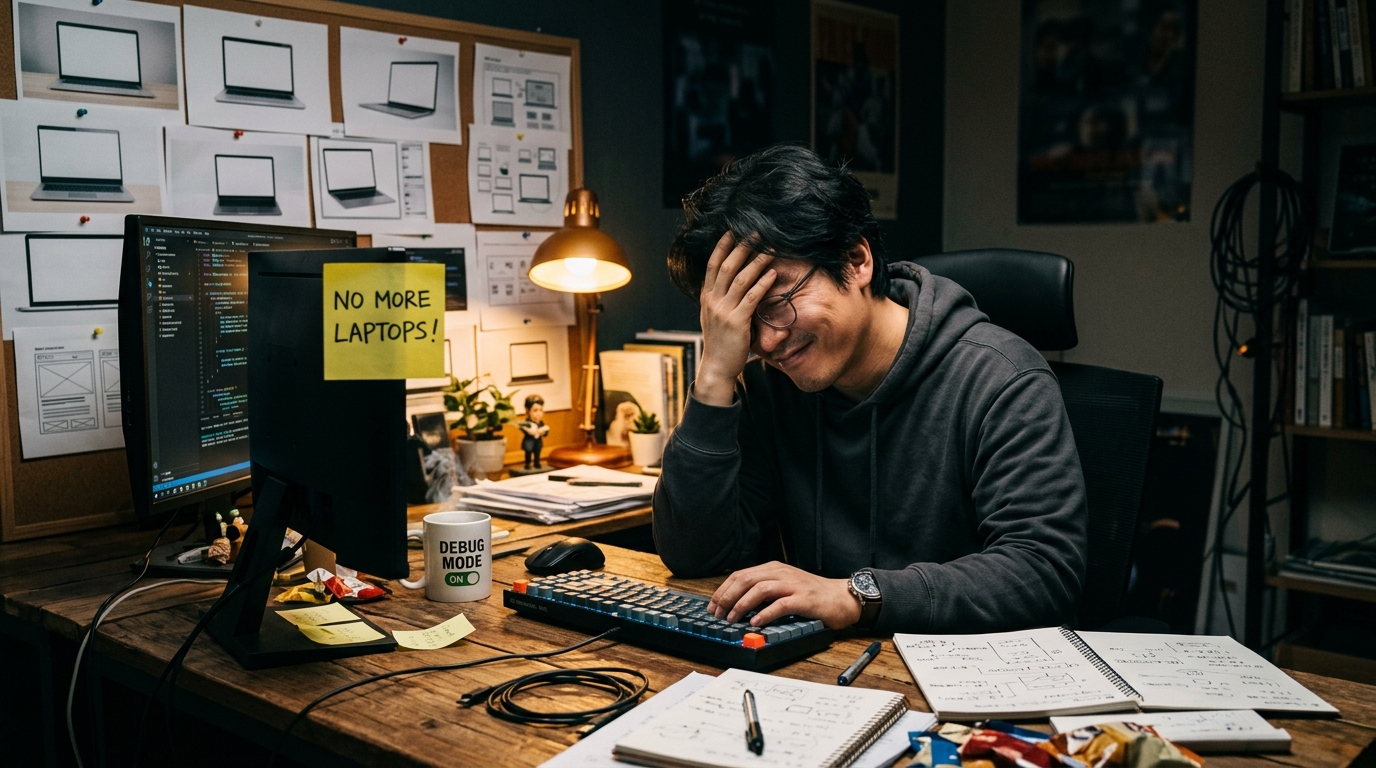 책상 위 가짜 노트북 사진들에 둘러싸여 모니터에 NO MORE LAPTOPS 포스트잇을 붙이고 어이없어하며 페이스팜을 하는 개발자의 모습